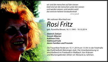 Rosi Fritz, Traueranzeige, Südthüringer Presse, Gedenkkerzen, Kondolenzen, ...