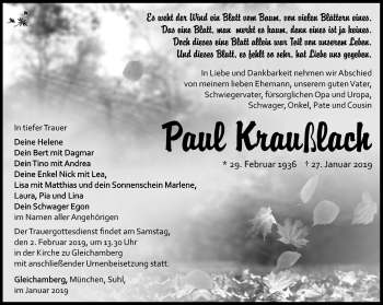 Traueranzeigen von Paul Kraußlach franken gedenkt de