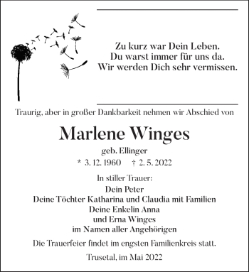 Traueranzeigen Von Marlene Winges Franken Gedenkt De