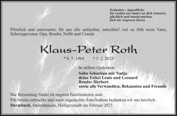 Traueranzeigen Von Klaus Peter Roth Franken Gedenkt De