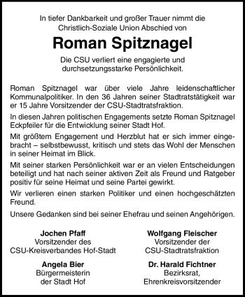 Traueranzeigen Von Roman Spitznagel Franken Gedenkt De