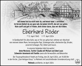 Traueranzeige von Eberhard Röder von Südthüringer Presse