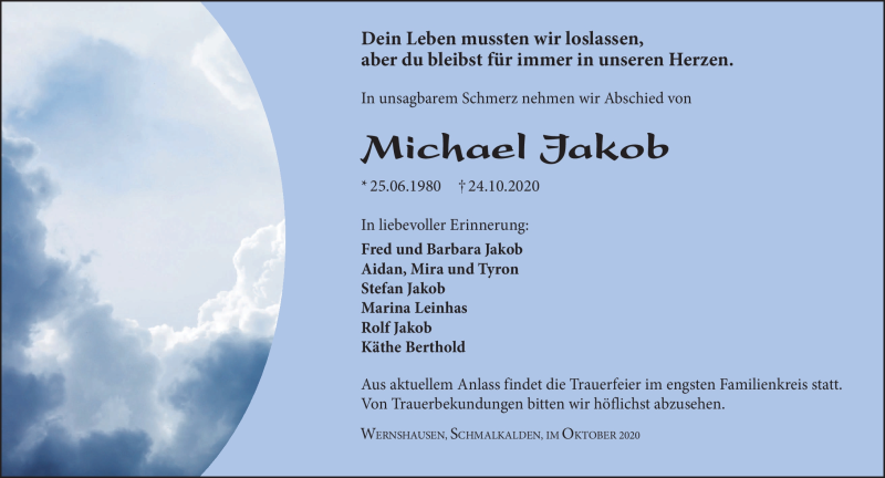  Traueranzeige für Michael Jakob vom 04.11.2020 aus Südthüringer Presse