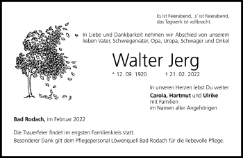 Traueranzeige von Walter Jerg von Neue Presse Coburg