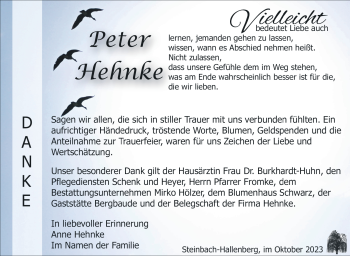 Traueranzeige von Peter Hehnke von Südthüringer Presse