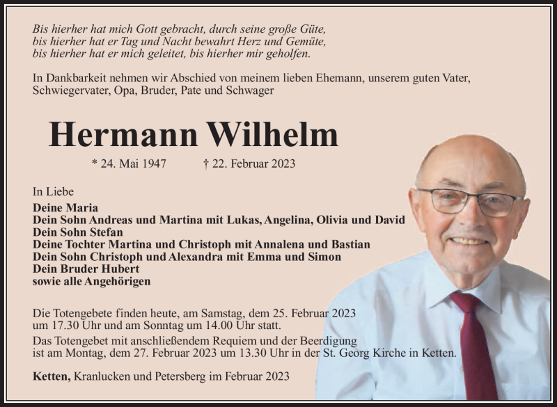  Traueranzeige für Hermann Wilhelm vom 25.02.2023 aus Südthüringer Presse