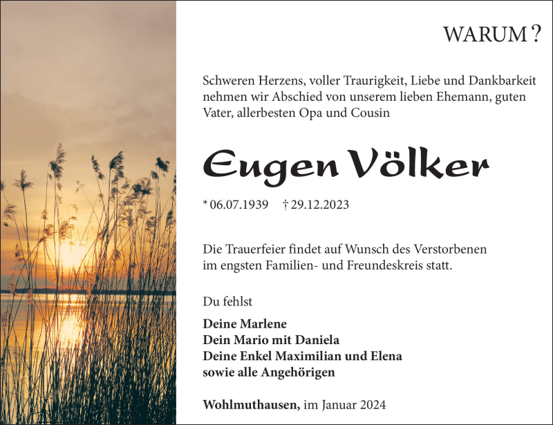  Traueranzeige für Eugen Völker vom 06.01.2024 aus 80048