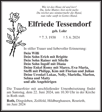 Traueranzeige von Elfriede Tessendorf von Südthüringer Presse