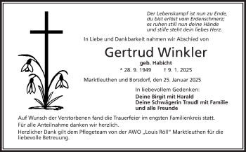 Traueranzeige von Gertrud Winkler von Frankenpost